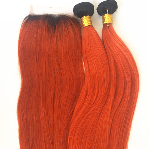 Real Human Hair weft Ombre Color 1b orange  Blonde Package Straight Brazilian Hair Sew In Extensions YL350